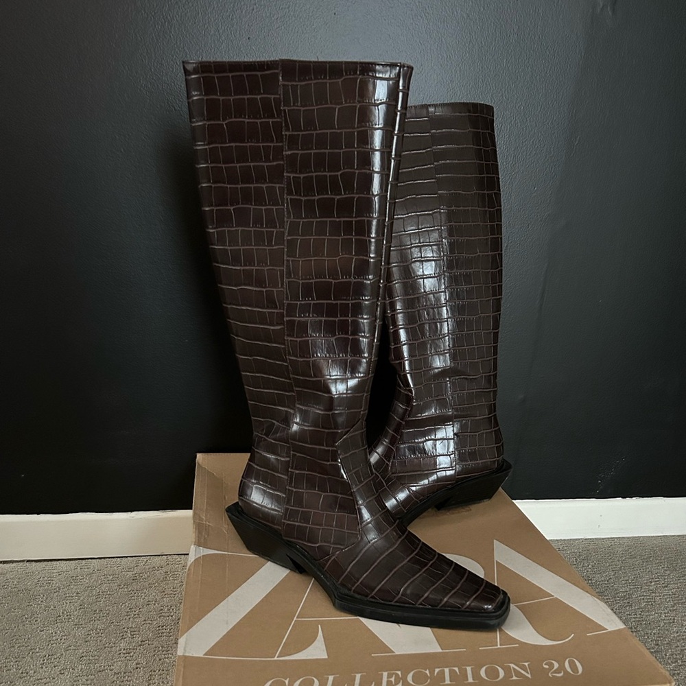 Zara Dark Brown Croc-Embossed Knee Boots - Picture 2 of 5